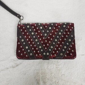Rustic Couture Wristlet Wallet Grunge Punk Studded Maroon Brown
